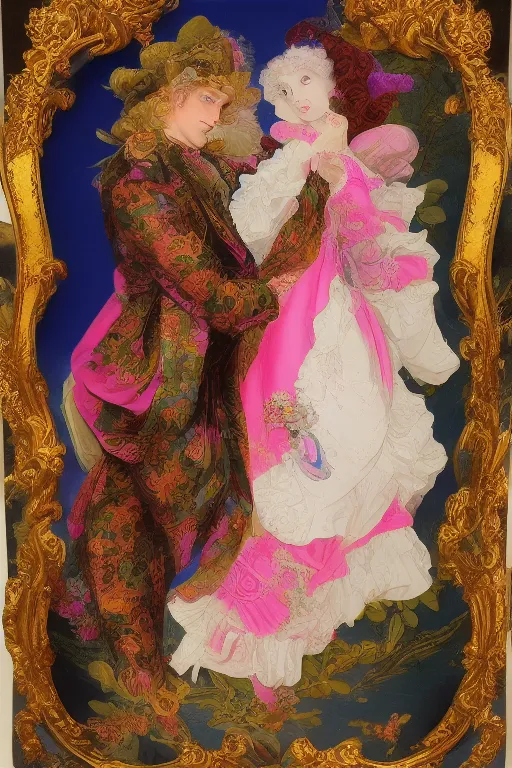 Prompt: victorian image of the rococo style lisa frank image of a famous couple of mixed race in fantastic bespoke clothing haute couture and make up sho murase