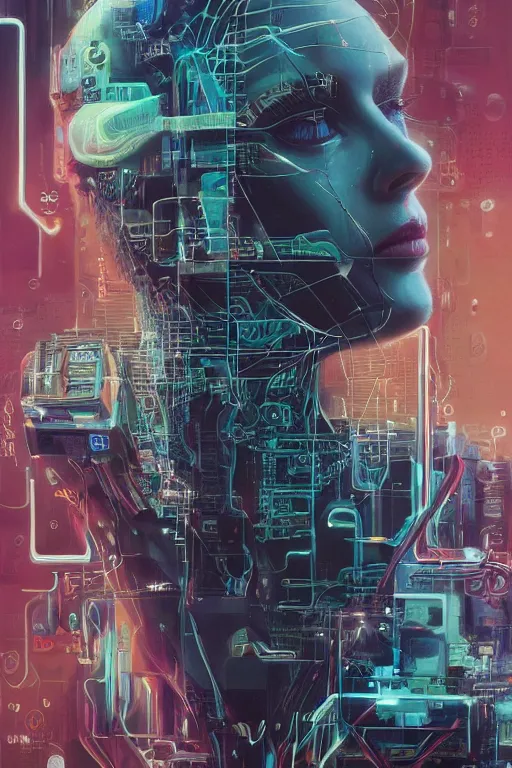 Prompt: portrait of computer & circuits, melting, moistcritikal, 8 k, by tristan eaton, stanley artgermm, tom bagshaw, greg rutkowski, carne griffiths, ayami kojima, beksinski, giger, trending on deviantart, face enhance, hyper detailed, minimalist, cybernetic, android, blade runner, full of colour, super detailed