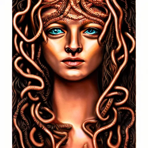 Image similar to symmetrical, detailed portrait color painting of medusa by greg rutowski, rose gold tones, priestess, full body