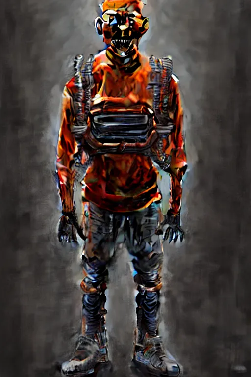 Image similar to hyperrealistic grungy exoskeleton!! smiling chinese man covered highly detailed concept art eric zener elson peter cinematic hard orange lighting high angle hd 8k sharp shallow depth of field