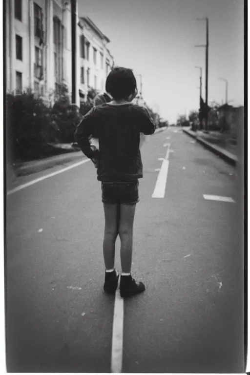 Prompt: polaroid photo of sad and lonely child in the middle of an empty street in a big city, wet collodion technique, photorealistic, 35mm film, lens 85mm, f2.8, black and white, polaroid, view camera.