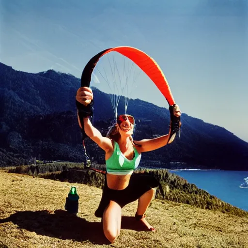 Image similar to extremely realistic photograph of a beautiful woman doing push-ups on a paraglided, 35mm photograph