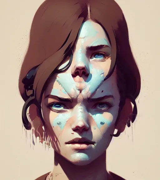 Image similar to portrait of a woman raised on the island face tatooes by atey ghailan, by greg rutkowski, by joe fenton, by james gilleard, by kaethe butcher, by craig mullins, dynamic lighting, gradient light blue, brown, blonde cream and white color scheme, grunge aesthetic