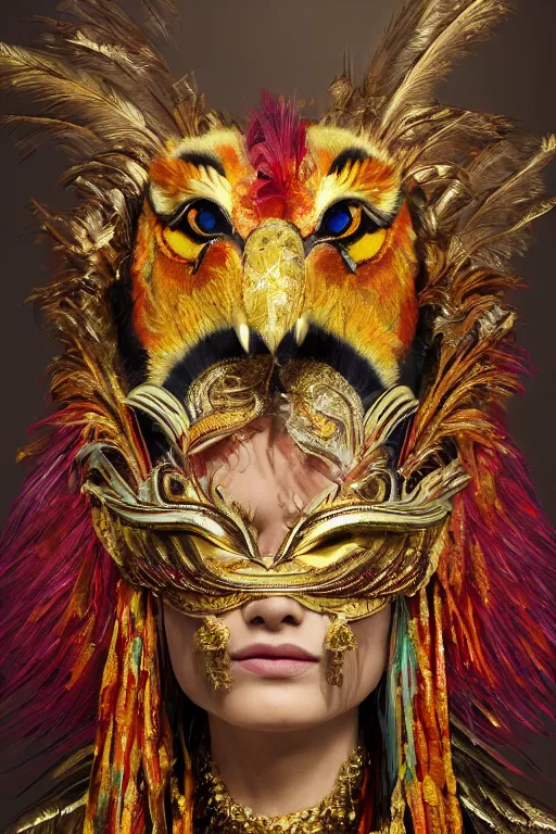 Prompt: masterful fantastic realist painting an exotic ancient feathered and bejeweled bird wearing an exquisite and fiercely painted bugaku mask of a tiger, gold chains strung like tinsel, digital painting trending on artstation, nose ring, volumetric lighting and mist, cosplay, portrait painting, hyperrealistic, octane render