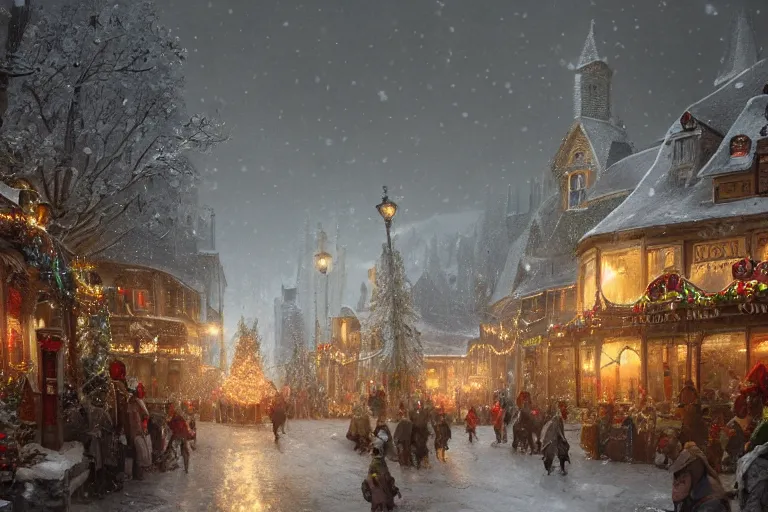 Image similar to a guillotine with christmas lights in the center of town, matte painting, concept art, digital art, trending on artstation, 4 k, extremely detailed, realistic, snowing, by greg rutkowski, cinematic, epic