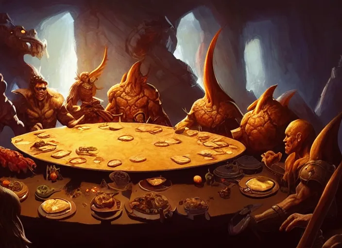 Image similar to a giant magical piece of toast at the head of the dinner table, all the dinner guests looking toward the toast, by marco bucci and frank frazetta, magic : the gathering fantasy concept art, high resolution, fantasy coloring, intricate, digital painting, artstation, smooth, sharp focus