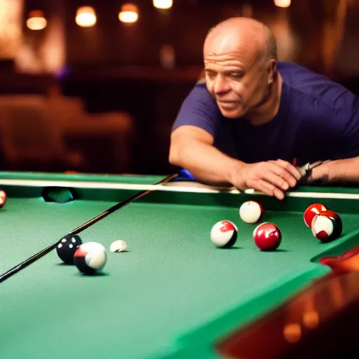 Image similar to a shark playing pool, candid photograph