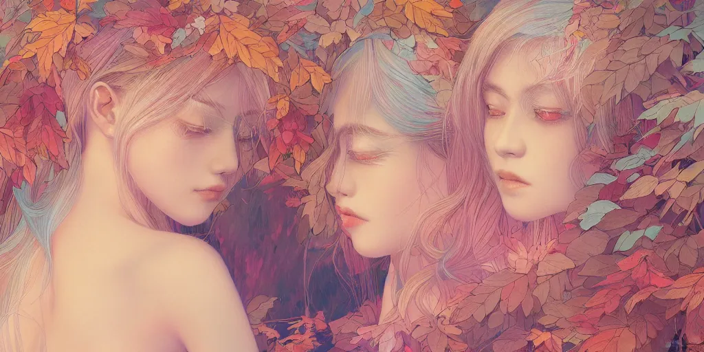 Image similar to breathtaking detailed concept art painting pattern pastel colors of blonde hair faces goddesses amalgamation autumn leaves, by hsiao - ron cheng, bizarre compositions, exquisite detail, 8 k