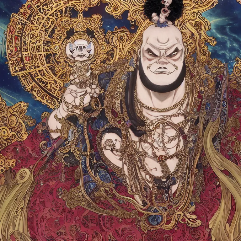 Prompt: portrait of Jinbe from one piece comic by Jeff Easley and Peter Elson + beautiful eyes, beautiful face + symmetry face + border and embellishments inspiried by alphonse mucha, fractals in the background, galaxy + baroque, gothic, surreal + highly detailed, intricate complexity, epic composition, magical atmosphere + masterpiece, award winning + trending on artstation