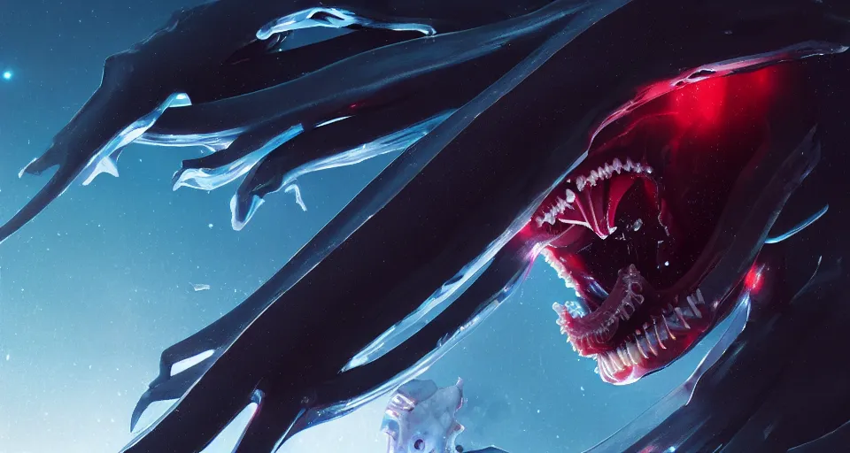 Prompt: A wide shot of a squid with sharp translucent teeth in space art by Maciej Kuciara and Jason Chan, ominous, cosmic horror, trending on artstation, Ultra detailed, hyper realistic 4k