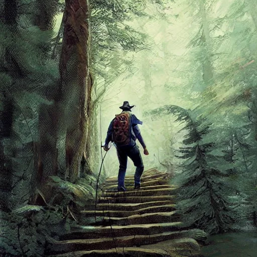 Image similar to a man, walking up a steep and winding staircase. in woods. intricate, elegant, highly detailed, digital painting, artstation, concept art, sharp focus, illustration, by justin gerard and artgerm, 8 k