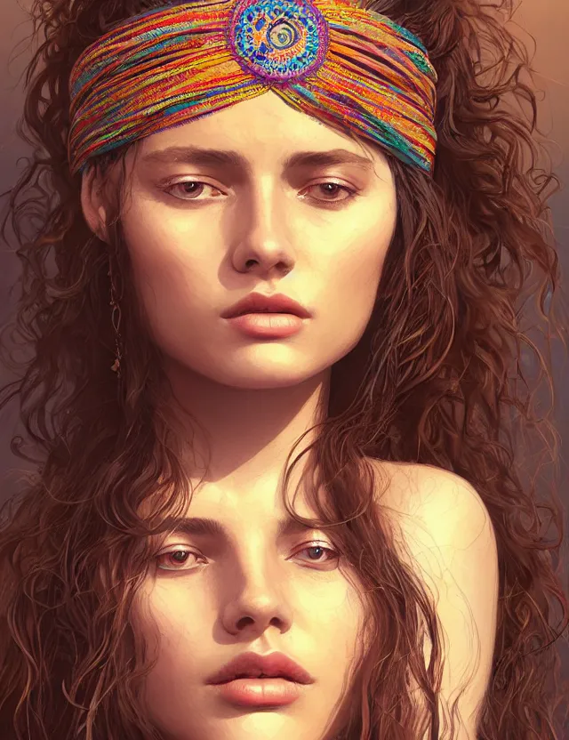 Image similar to portrait of a young woman wearing boho clothing, hippie girl, long hair, groovy hairband, bangs, woodstock background, intricate, smooth, groovy lighting, highly detailed, digital painting, artstation, concept art, smooth, sharp focus, illustration, art by wlop, mars ravelo and greg rutkowski