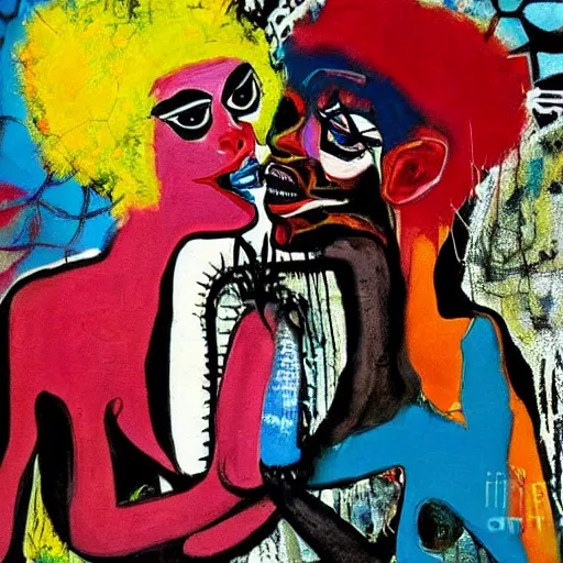 Image similar to beautiful painting of two bizarre psychedelic goth women kissing each other closeup in a cafe in japan, speculative evolution, mixed media collage by basquiat and jackson pollock, magazine collage art, sapphic art, lesbian art