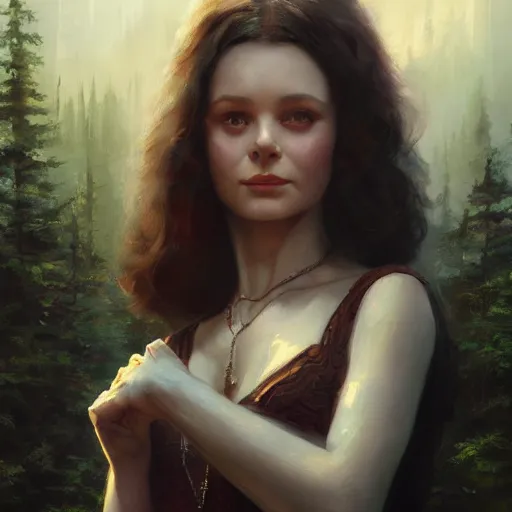 Image similar to closeup portrait of a young vivian leigh as a wizard casting magic, forest background, megacity, high fantasy, dramatic light, gorgeous view, depth, high detail, digital art, painted by greg rutkowski, trending on artstation