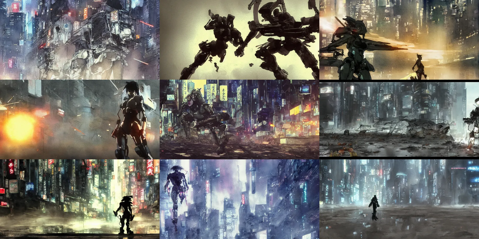 Prompt: incredible screenshot, simple watercolor, masamune shirow ghost in the shell movie scene close up broken Kusanagi tank battle, brown mud, dust, titanic tank with legs, robot arm, ripped to shreds, autumn leaves, karate kick , laser wip, lightning rollerblades up a skyscraper, light rain, shinjuku, reflections, refraction, bounce light, rim light, bokeh ,hd, 4k, remaster, dynamic camera angle, deep 3 point perspective, fish eye, dynamic scene