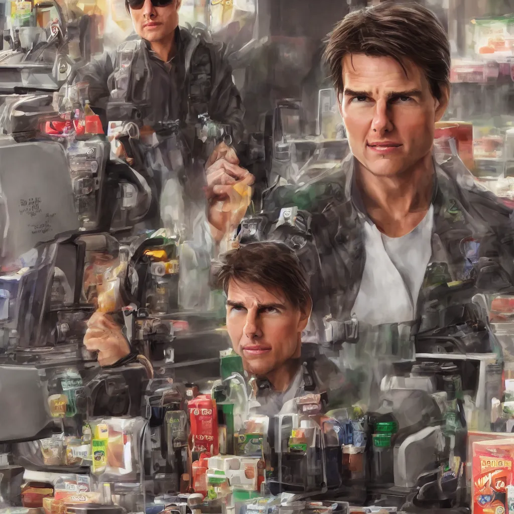 Image similar to Tom Cruise working as a 7/11 cashier, macro, dramatic, artstation, 8k, HD