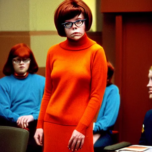 Prompt: Stunning Real Life Beautiful Portrait Scene of Velma Dinkley wearing her iconic orange sweater from Scooby Doo in court for falsely accusing someone of being a criminal by Greg Rutkowski. Velma is a teenage female, with chin-length auburn hair and freckles. She is wearing a baggy, thick turtlenecked orange sweater, with a red skirt, knee length orange socks and black Mary Jane shoes. Soft render, Pixiv, artstation