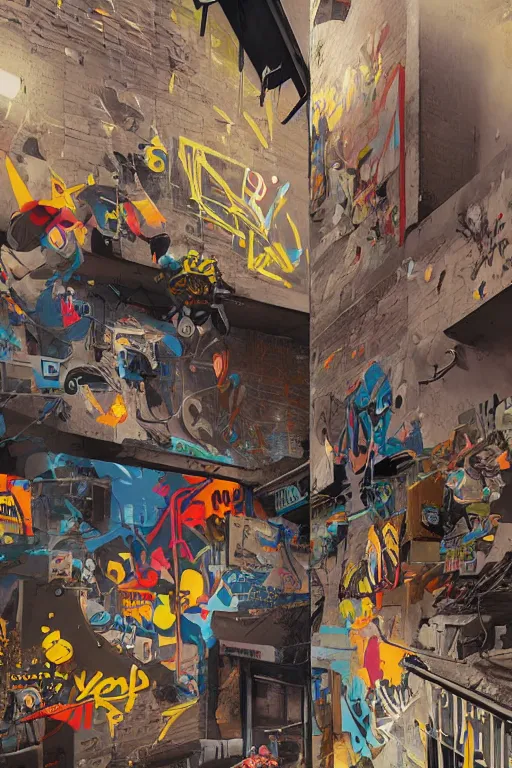 Image similar to extreme graffiti tag mural maximalism by atey ghailan, by greg rutkowski, by joe fenton, yellow, brown, black and cyan color scheme, octane render