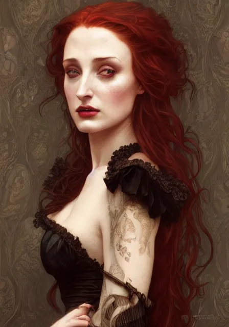 Image similar to sansa angeline jolie gessica chastain victorian vampire, intricate, elegant, highly detailed, digital painting, artstation, concept art, smooth, sharp focus, illustration, art by artgerm and greg rutkowski and alphonse mucha and william - adolphe bouguereau