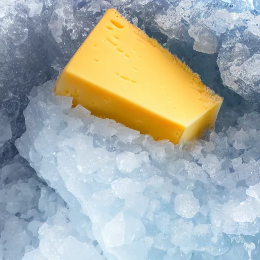 Prompt: block of cheese inside an ice cavern