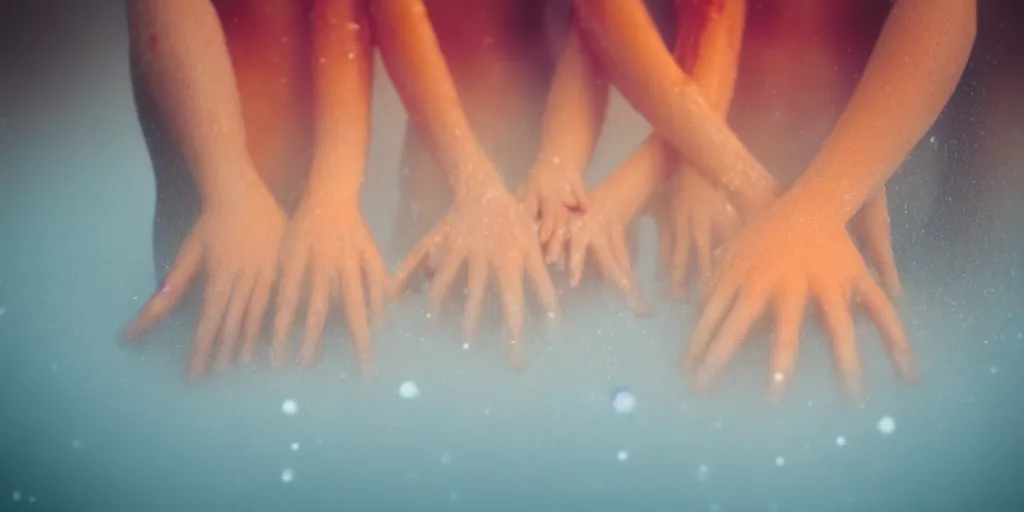 Image similar to a blurry closeup picture of gorgeous human bodies intertwined, female bodies, hands, dripping wet, macro photography, long exposure photograph, surrealism, anamorphic bokeh, cozy, soft light, cyan and orange, caustic, atmospheric fog, octane render, cinematic