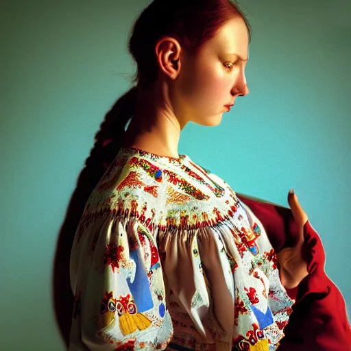 Image similar to hyperrealism photography in caravaggio style computer simulation visualisation of parallel universe sit - com scene with beautiful highly detailed ukrainian woman wearing ukrainian traditional shirt designed by taras shevchenko and woman wearing neofuturistic neural interface by josan gonzalez. hyperrealism photo on pentax 6 7, kodak portra 4 0 0 volumetric natural light - s 1 5 0