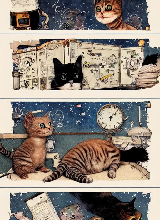 Image similar to a hyper realistic ink cat in a spaaceship 6 panel comic by chiara bautista and norman rockwell and greg rutkowski weta studio, and lucasfilm