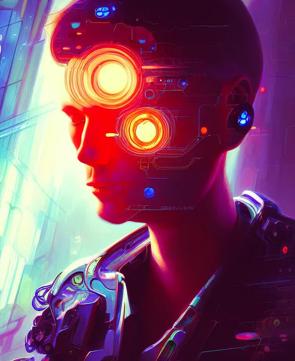 Image similar to a whirlwind inside the metaverse, guy, male, man, hologram, half body, neurochip, android, cyborg, cyberpunk face, by loish, d & d, fantasy, intricate, elegant, highly detailed, colorful, digital painting, artstation, concept art, art by artgerm and greg rutkowski and alphonse mucha