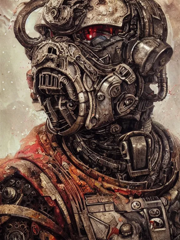 Prompt: art portrait of a space marine, decaying, rusting ,8k,by tristan eaton,Stanley Artgermm,Tom Bagshaw,Greg Rutkowski,Carne Griffiths, Ayami Kojima, Beksinski, Giger,trending on DeviantArt,face enhance,hyper detailed,minimalist,cybernetic, android, blade runner,full of colour,