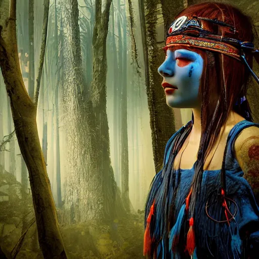 A young blindfolded shaman woman with a decorated, Stable Diffusion