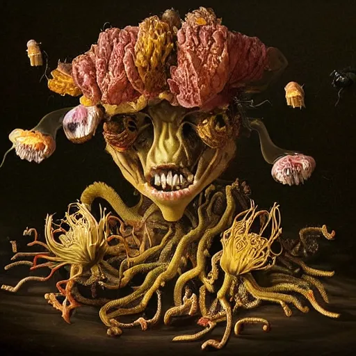 Image similar to disgusting disturbing dutch golden age bizarre mutant flower floral still life with many human toes realistic human toes teeth drool tongue blossoming everywhere insects very detailed fungus tumor disturbing tendrils bizarre slimy forms sprouting up everywhere by rachel ruysch christian rex van minnen black background chiaroscuro dramatic lighting perfect composition high definition 8 k 1 0 8 0 p