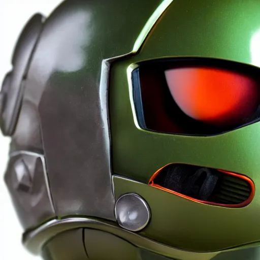 Image similar to helmet portrait of a figurine of samus aran's varia suit from the sci - fi nintendo videogame metroid. glossy. red round helmet, orange shoulder pads, green visor. shallow depth of field. suit of armor.