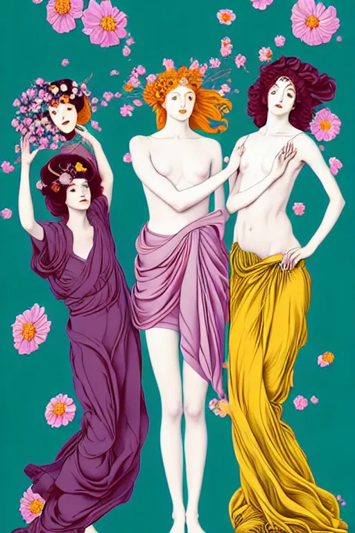 Image similar to 3 Spring Muses symbolically representing March, April, and May, in a style blending Æon Flux, Peter Chung, Shepard Fairey, Botticelli, Ivan Bolivian, and John Singer Sargent, inspired by pre-raphaelite paintings, shoujo manga, and cool Japanese street fashion, dramatically blossoming flora and fauna, petals falling everywhere, pastel vivid triad colors, hyper detailed, super fine inking lines, ethereal and otherworldly, 4K extremely photorealistic, Arnold render