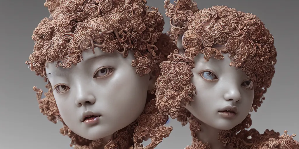 Image similar to A photo-real delicate ceramic porcelain sculpture of an ornate detailed girl in front of a intricate background by Victo Ngai and takato yamamoto, micro detail, backlit lighting, subsurface scattering, translucent, thin porcelain, octane renderer, colorful, physically based rendering, japanese pottery, trending on cgsociety 'H 1024