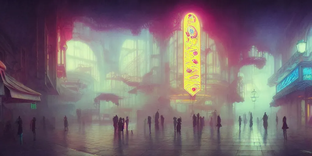 Image similar to concept art of a vaporwave palace made of pizza, illuminated fog, depth of field, cinematic lights, deep focus, intricate, elegant, highly detailed, foggy, mysterious, digital painting, artstation, concept art, matte, sharp focus, art by artgerm and greg rutkowski and alphonse mucha