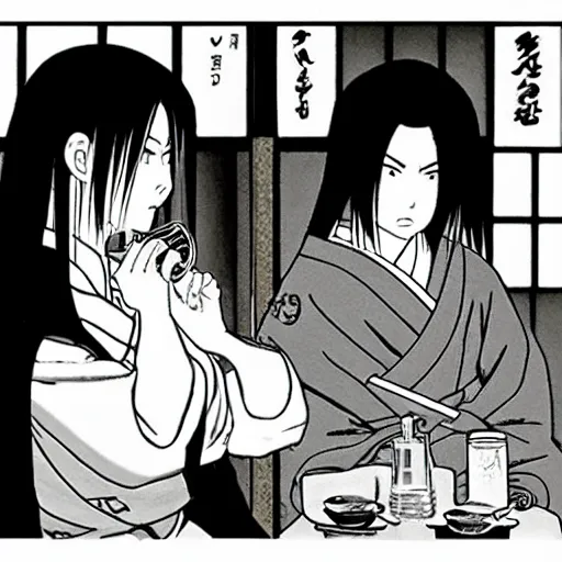 Image similar to Tsunade drinking sake in a japanese pub by Shoji Sato in the style of Black And White Manga