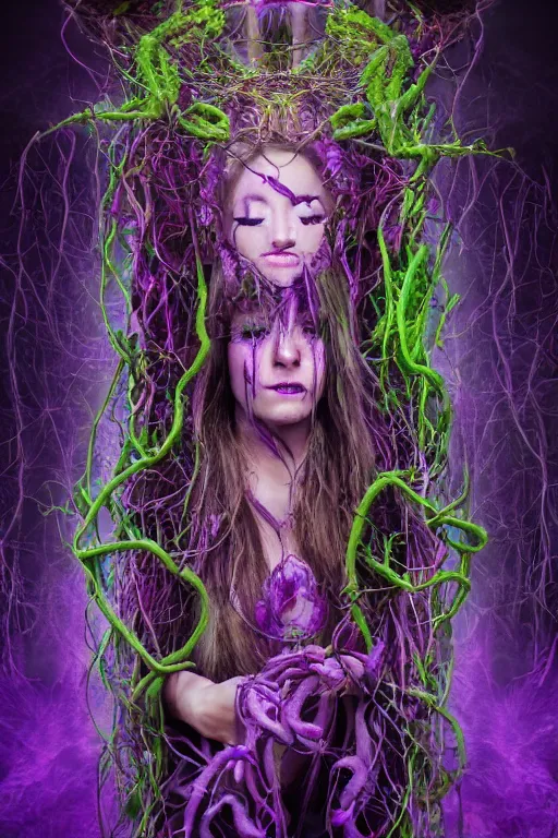 Image similar to female shaman of the purple forest, neon cloak, mycelium, fungi, vines, symmetrical features, illusion, magical realism, ultradetailed, volumetric lighting, 4k UHD, film poster.