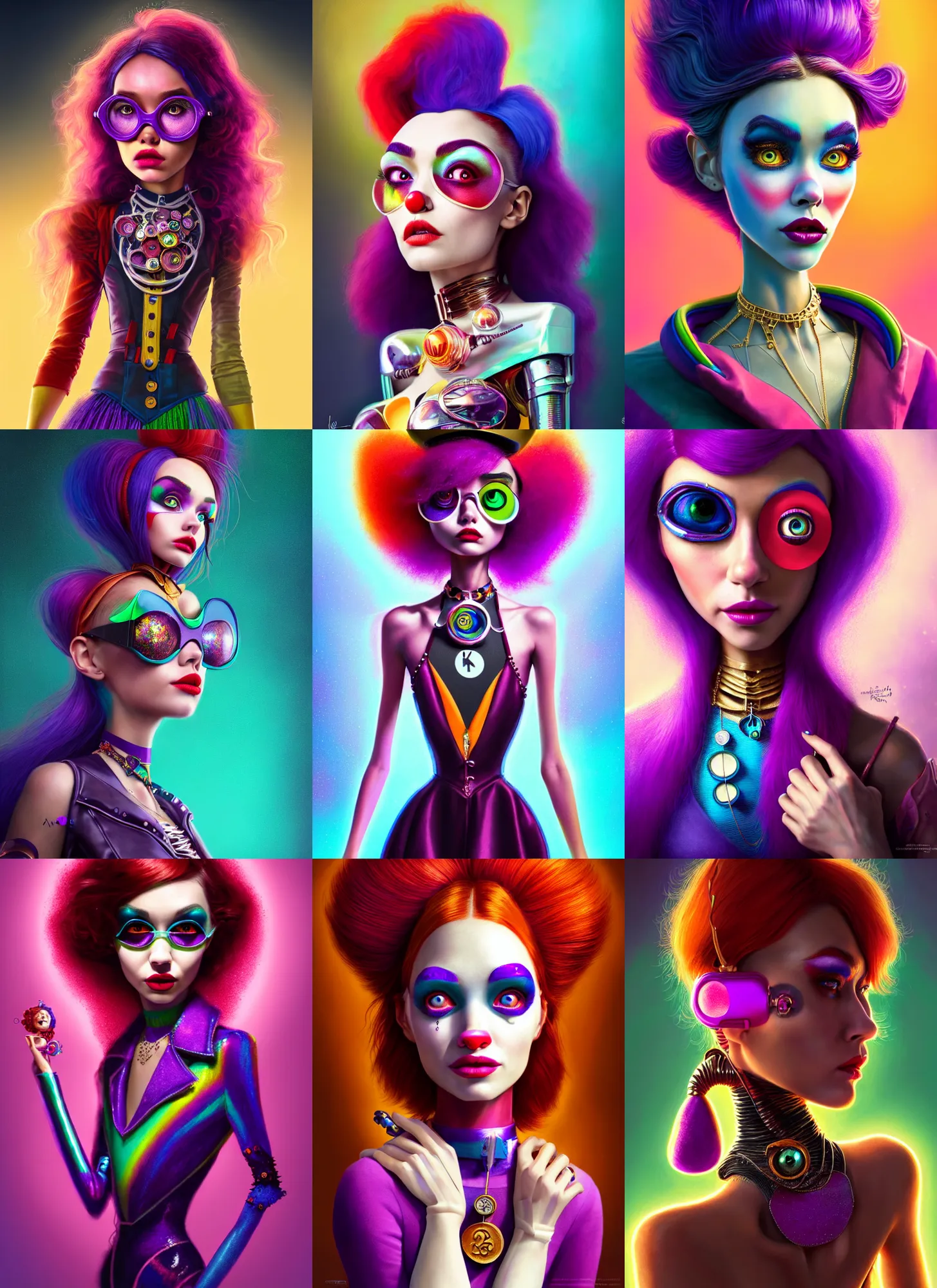 Prompt: pixar portrait 8 k photo, beautiful edc wonka clowncore madison beer cyborg woman, golden ratio jewelry, sci - fi, fantasy, cyberpunk, intricate, elegant, highly detailed, digital painting, ever after high, octane render, artstation, concept art, smooth, sharp focus, illustration, art by artgerm, loish, wlop