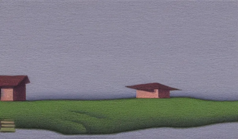 Prompt: A serene landscape with a singular building in the style of Marco Bucci.