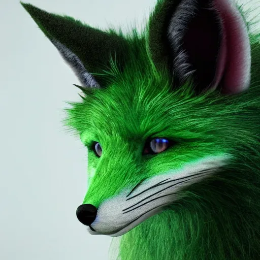 Image similar to close up of photorealistic green fox with green fur and glowing magenta eyes, wearing a black hoodie