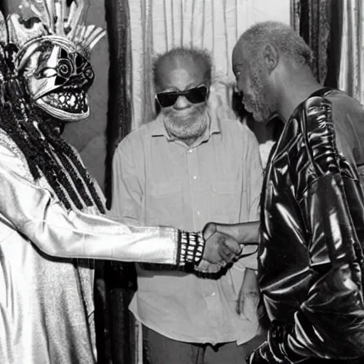 Image similar to sun ra shaking hands with a giant humanoid hairy spider