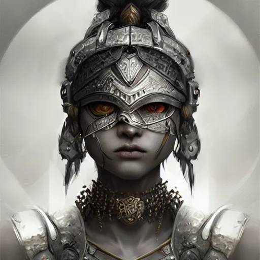 Image similar to beautiful extremely detailed intricate concept art depicting a warrior by wlop. shining jewelry. grey atmosphere. bcy. net