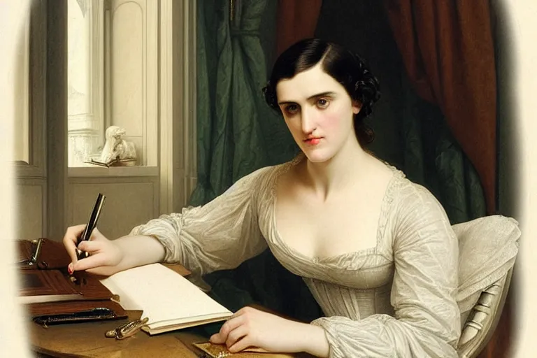 Prompt: 1 8 1 0 s katie mcgrath writing at her desk by vittorio reggianini, bright lighting, perfectly detailed eyes, beautiful hands, pale skin, clear face