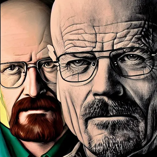 Image similar to walter white next to gus pringe, in the style of greg rutowski, hyper detailed