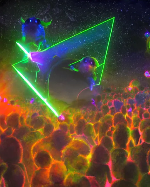 Image similar to a crowded rave party for dancing lovable cute furry monsters of every shape and size surrounding a laser show neon cube tesseract impossible geometry, portal to other worlds, geometric, generative, bending space and time, at hazy dusty dusk starry night sky