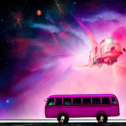 Image similar to Soviet era bus in space in front of a purple nebula
