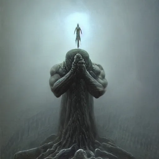 Prompt: squidward boss in style of God of war by zdzisław beksiński