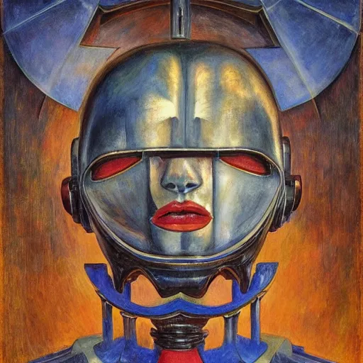 Prompt: the last guest in her robot castle mask, by Annie Swynnerton and Diego Rivera, symbolist, dramatic lighting, elaborate geometric ornament, god rays, soft cool colors,smooth, sharp focus, extremely detailed