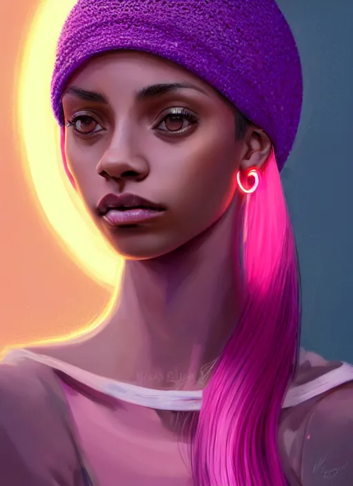 Image similar to portrait of teenage vanessa morgan with bright pink hair, black girl, curly pixie cut hair, wearing a purple breton cap, breton cap, hoop earrings, intricate, elegant, glowing lights, highly detailed, digital painting, artstation, concept art, smooth, sharp focus, illustration, art by wlop, mars ravelo and greg rutkowski