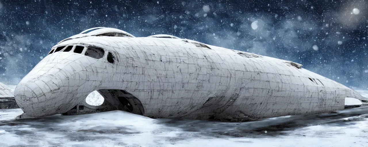 Image similar to abandoned starship in covered in snow, hyper detailed, ultra realistic